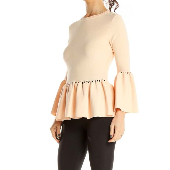 Jonathan Simkhai Stretch Knit Bell Sleeve Peplum Top Blush Cut Out  Jewel Neck - Picture 2 of 13